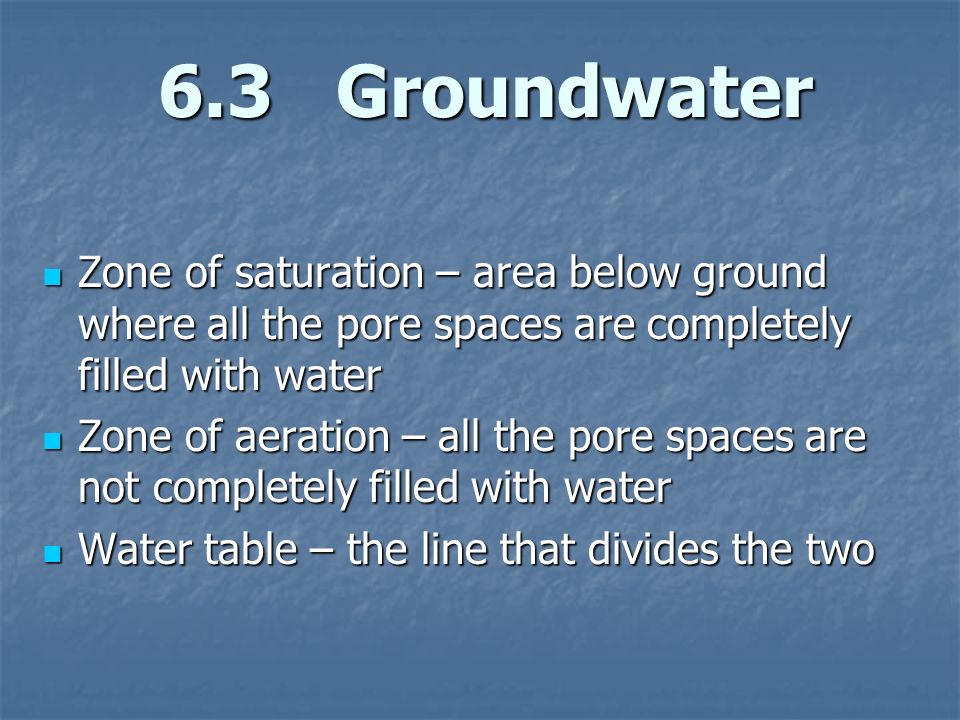 6.3 Groundwater Zone of saturation – area below ground where all the pore spaces are completely filled with water.