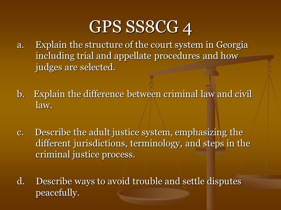GPS SS8CG 4 a. Explain the structure of the court system in Georgia including trial and appellate procedures and how judges are selected.