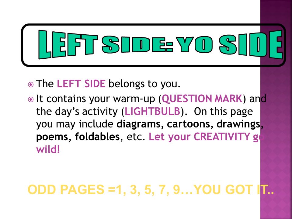 LEFT SIDE: YO SIDE ODD PAGES =1, 3, 5, 7, 9…YOU GOT IT..