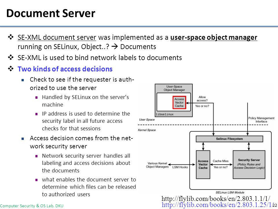 Document Server SE-XML document server was implemented as a user-space object manager running on SELinux, Object..  Documents.