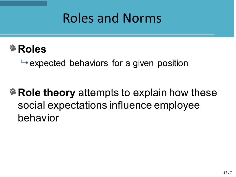 Roles and Norms Roles. expected behaviors for a given position.