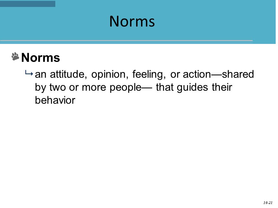 Norms Norms. an attitude, opinion, feeling, or action—shared by two or more people— that guides their behavior.