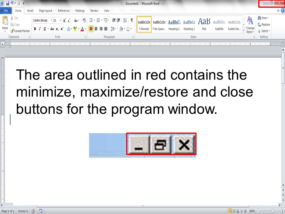 The area outlined in red contains the minimize, maximize/restore and close buttons for the program window.