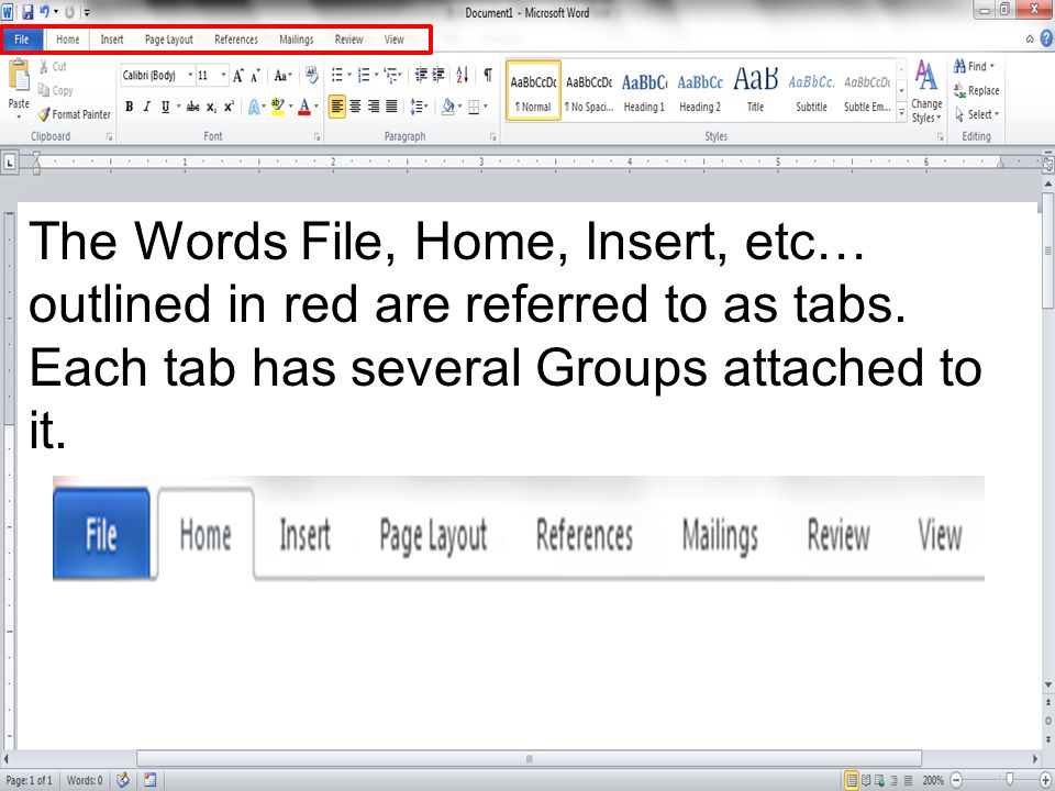 The Words File, Home, Insert, etc… outlined in red are referred to as tabs.