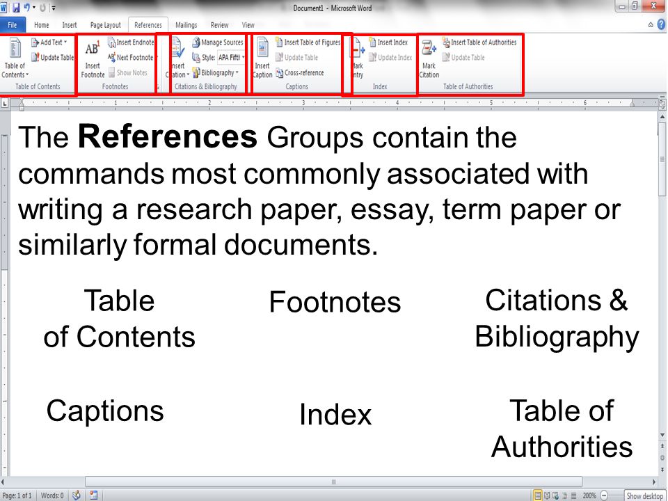 The References Groups contain the commands most commonly associated with writing a research paper, essay, term paper or similarly formal documents.