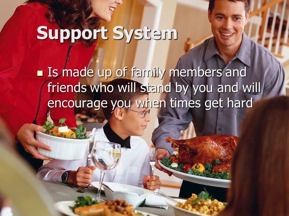 Support System Is made up of family members and friends who will stand by you and will encourage you when times get hard.