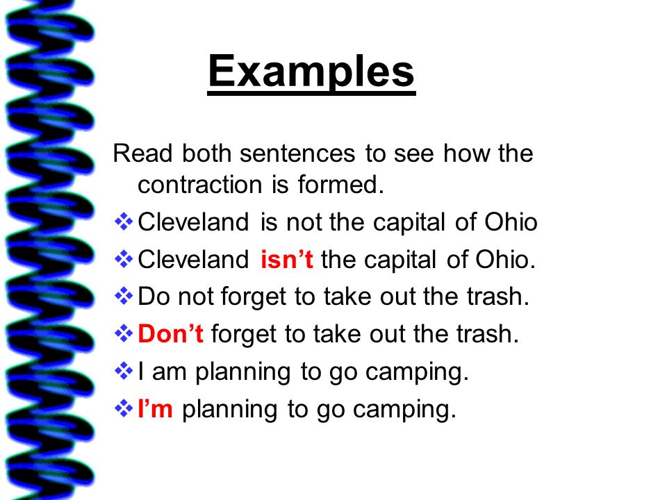 Examples Read both sentences to see how the contraction is formed.