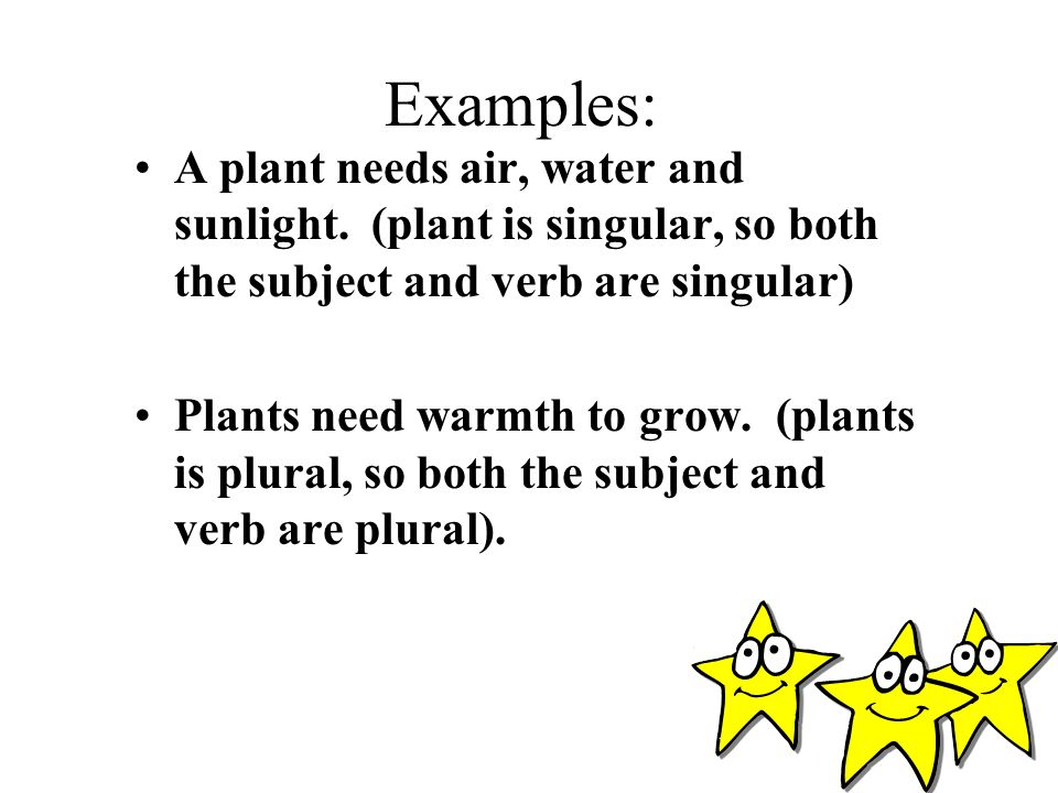 Examples: A plant needs air, water and sunlight. (plant is singular, so both the subject and verb are singular)