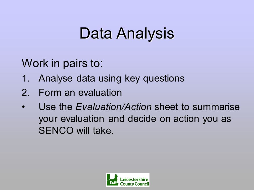 Data Analysis Work in pairs to: Analyse data using key questions