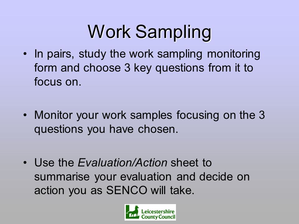 Work Sampling In pairs, study the work sampling monitoring form and choose 3 key questions from it to focus on.