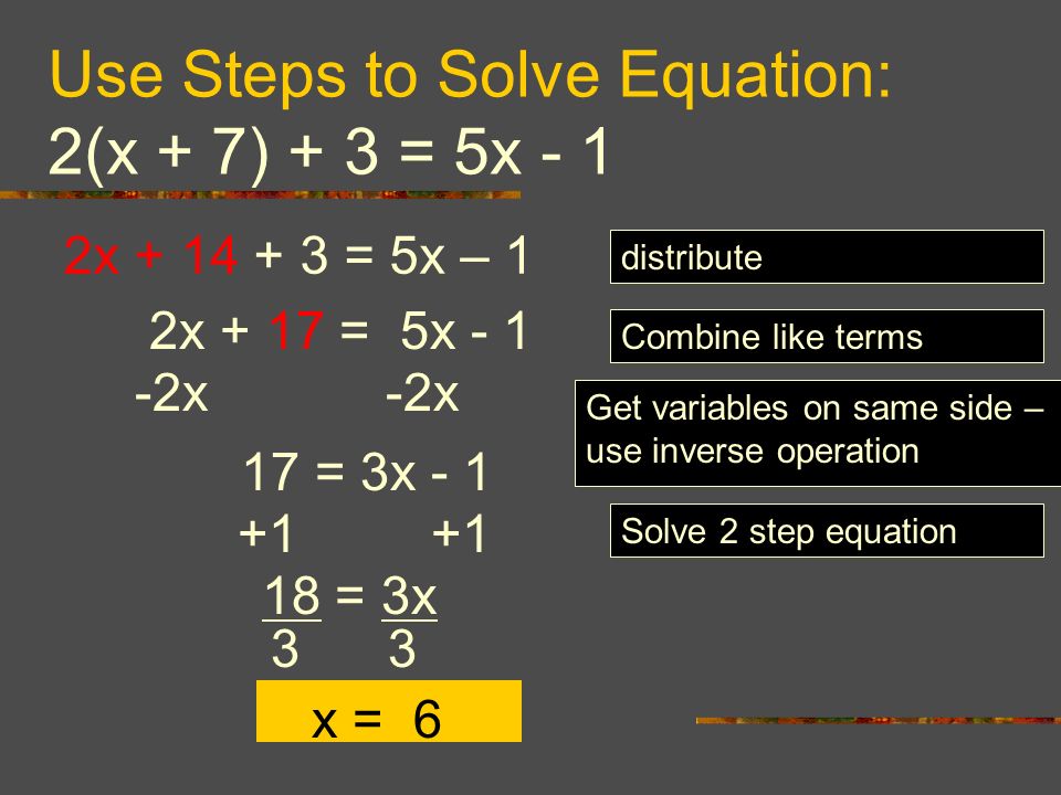 Use Steps to Solve Equation: 2(x + 7) + 3 = 5x - 1