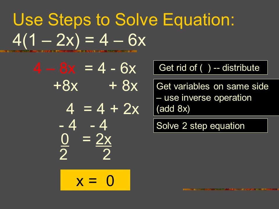 Use Steps to Solve Equation: 4(1 – 2x) = 4 – 6x