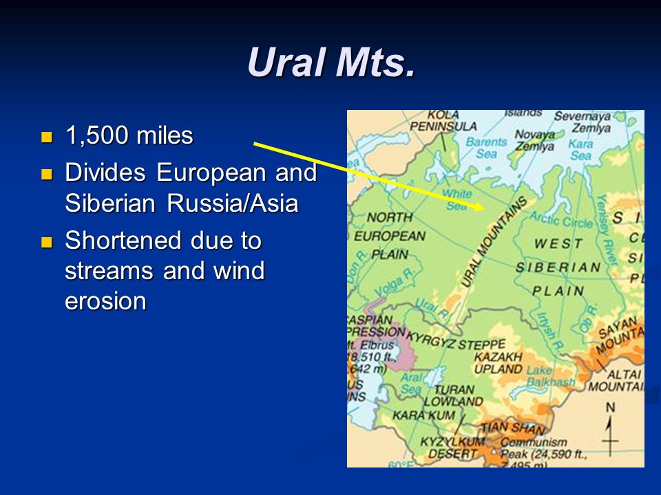 Ural Mts. 1,500 miles Divides European and Siberian Russia/Asia