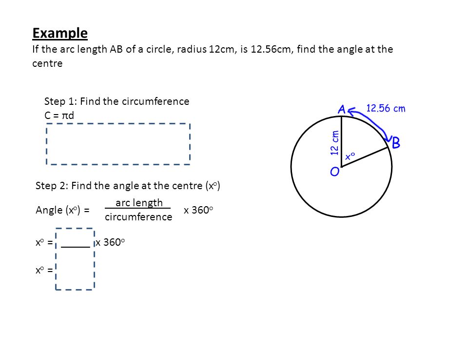 Example If the arc length AB of a circle, radius 12cm, is 12.56cm, find the...