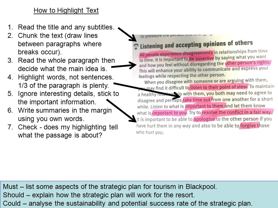 How to Highlight Text Read the title and any subtitles. Chunk the text (draw lines between paragraphs where breaks occur).