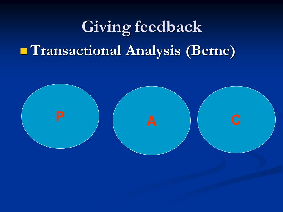 Giving feedback Transactional Analysis (Berne) P A C