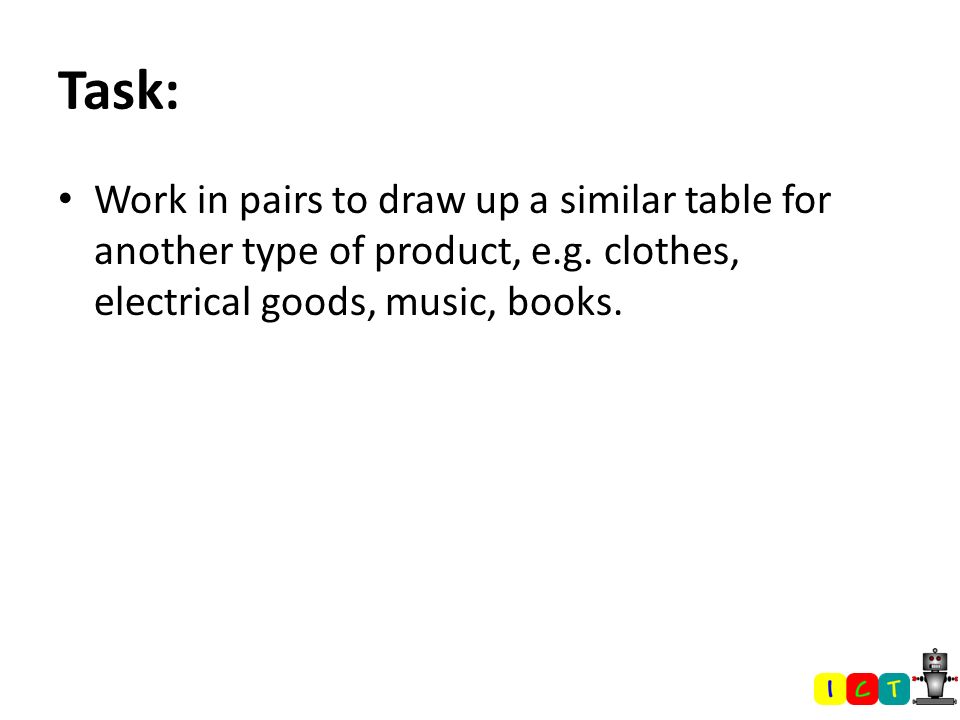 Task: Work in pairs to draw up a similar table for another type of product, e.g.