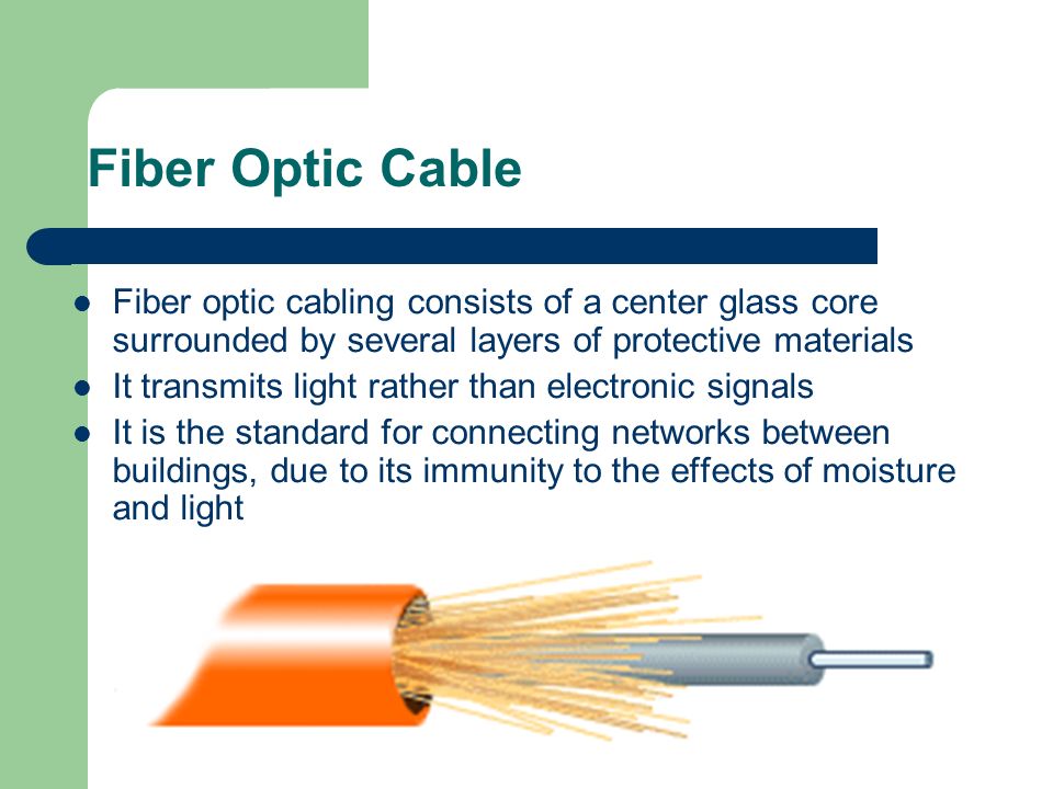 Fiber Optic Cable Fiber optic cabling consists of a center glass core surrounded by several layers of protective materials.