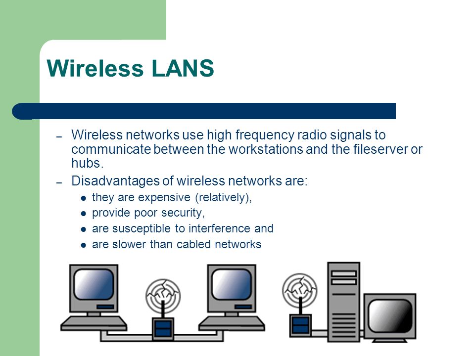 Wireless LANS Wireless networks use high frequency radio signals to communicate between the workstations and the fileserver or hubs.