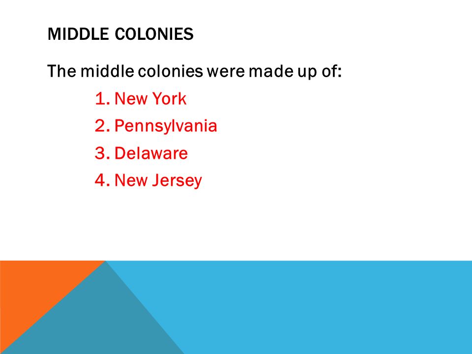MIDDLE COLONIES The middle colonies were made up of: 1.