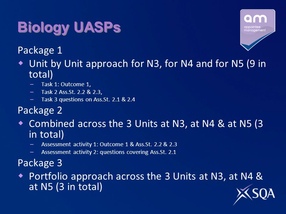 Biology UASPs Package 1. Unit by Unit approach for N3, for N4 and for N5 (9 in total) Task 1: Outcome 1,