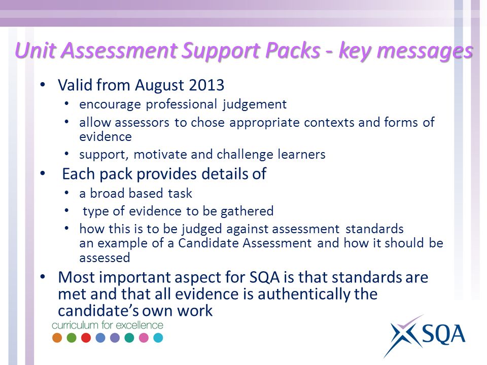 Unit Assessment Support Packs - key messages