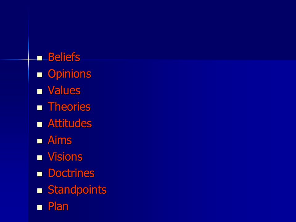 Beliefs Opinions Values Theories Attitudes Aims Visions Doctrines Standpoints Plan
