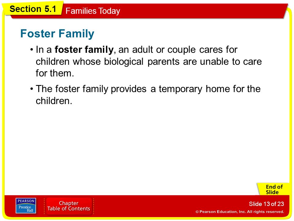 Foster Family In a foster family, an adult or couple cares for children whose biological parents are unable to care for them.