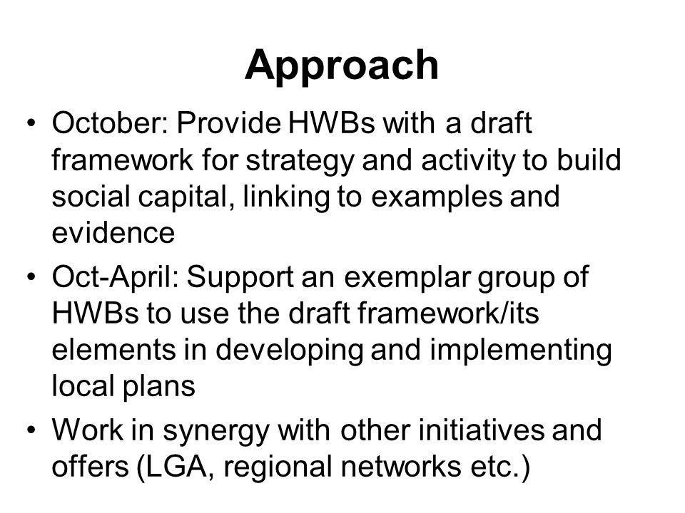 Approach October: Provide HWBs with a draft framework for strategy and activity to build social capital, linking to examples and evidence.