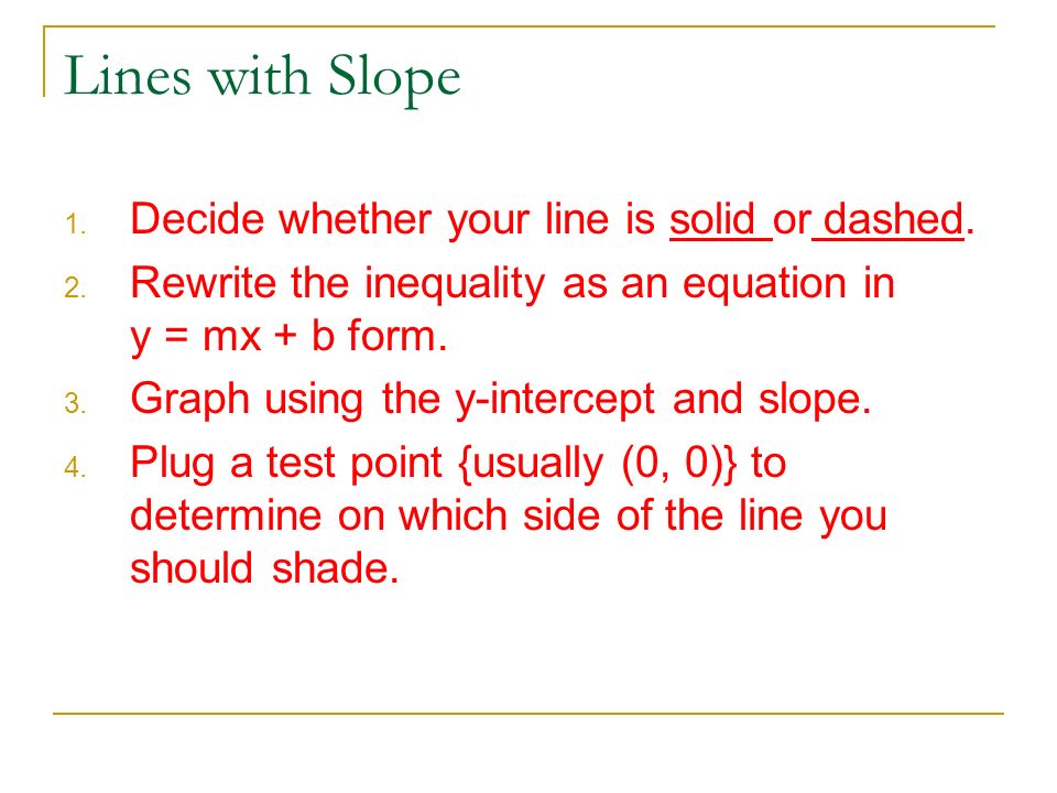 Lines with Slope Decide whether your line is solid or dashed.