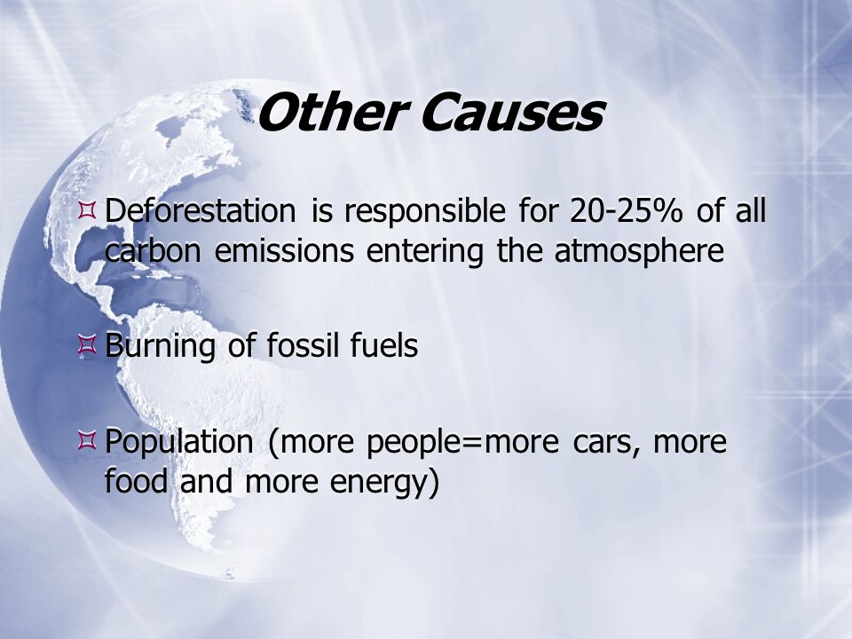 Other Causes Deforestation is responsible for 20-25% of all carbon emissions entering the atmosphere.