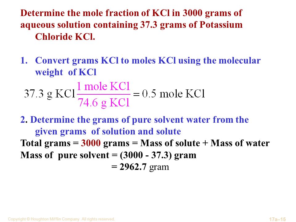 Determine the mole fraction of KCl in 3000 grams of