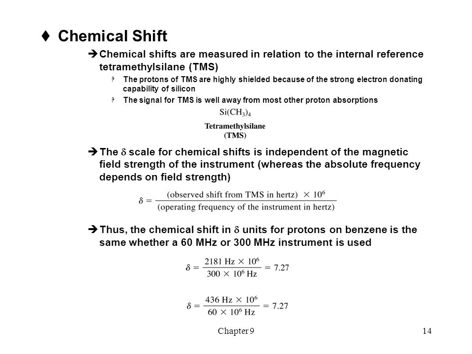 Chemical Shift Chemical shifts are measured in relation to the internal reference tetramethylsilane (TMS)