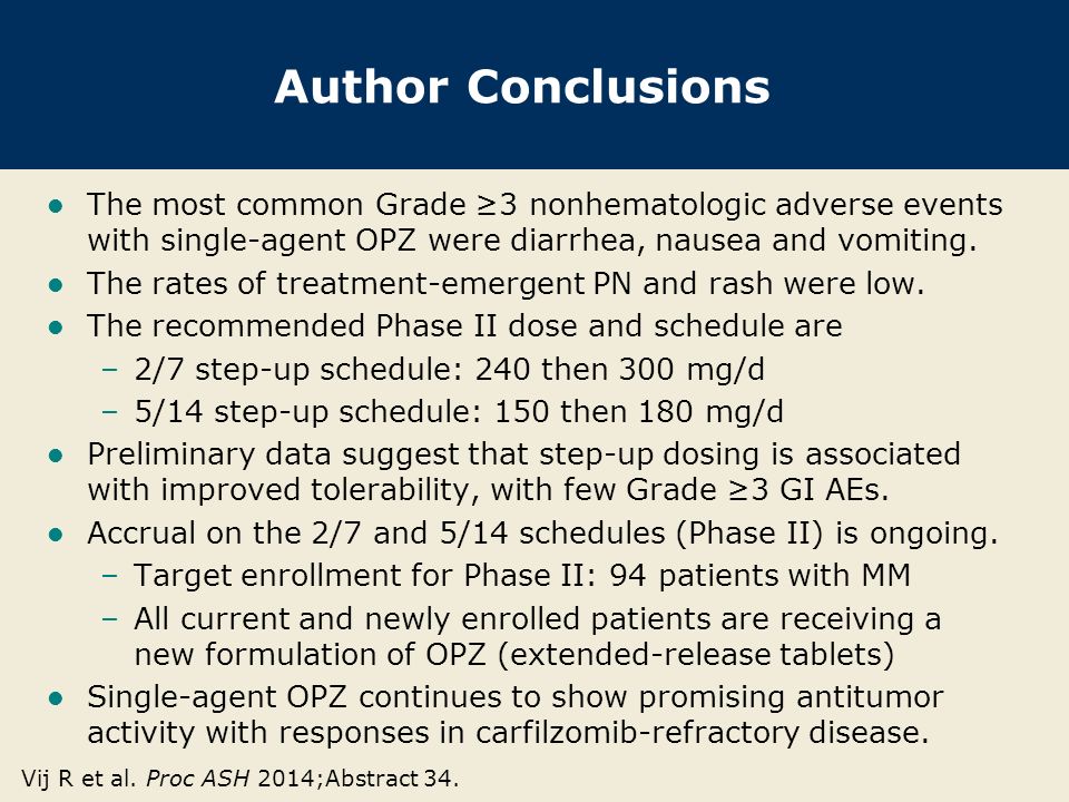 Author Conclusions The most common Grade ≥3 nonhematologic adverse events with single-agent OPZ were diarrhea, nausea and vomiting.
