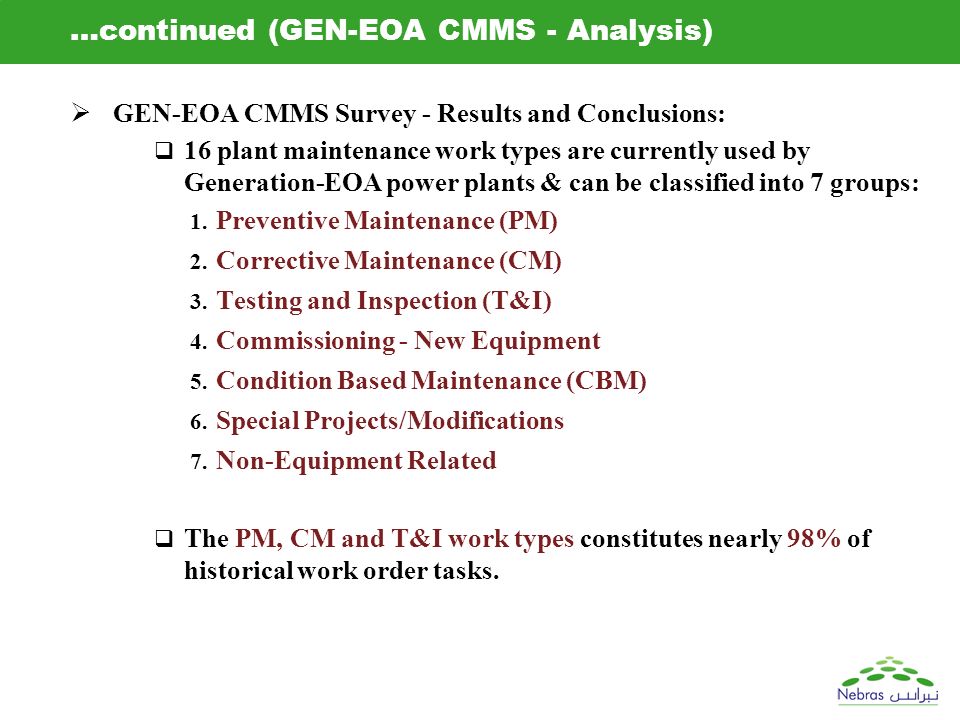 …continued (GEN-EOA CMMS - Analysis)