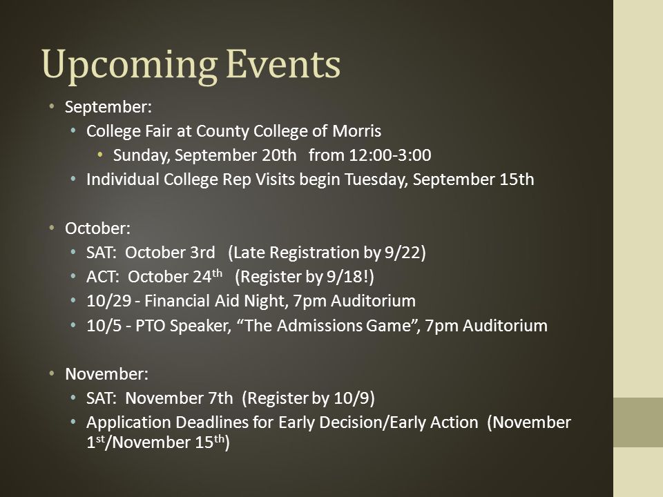 Upcoming Events September: College Fair at County College of Morris