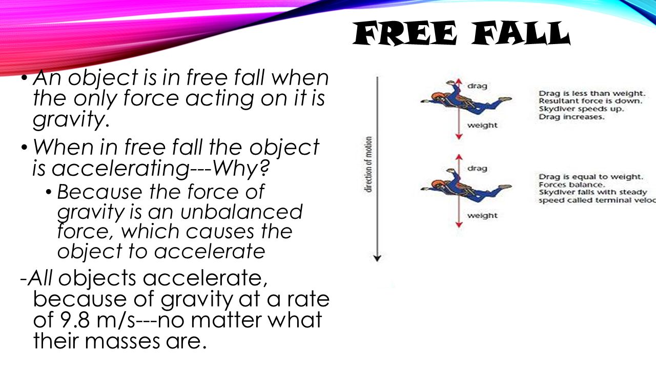 Free Fall An object is in free fall when the only force acting on it is gravity. When in free fall the object is accelerating---Why