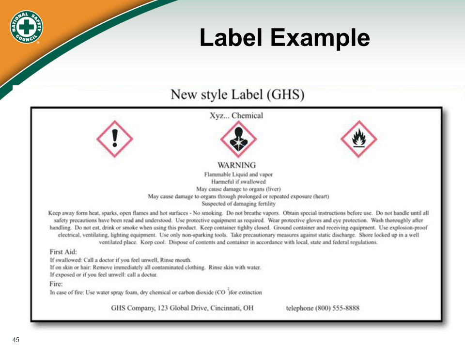 Label Example Example of the new style label required by HCS 2012.
