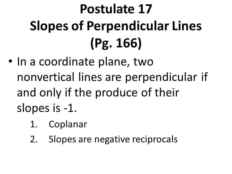 Postulate 17 Slopes of Perpendicular Lines (Pg. 166)