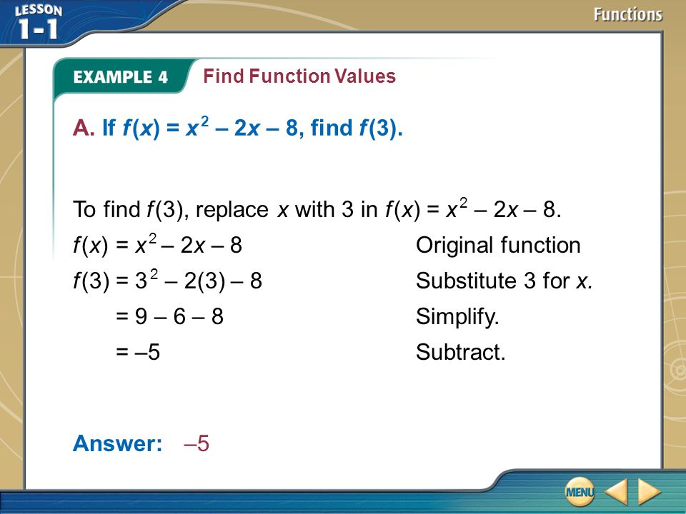 To find f (3), replace x with 3 in f (x) = x 2 – 2x – 8.