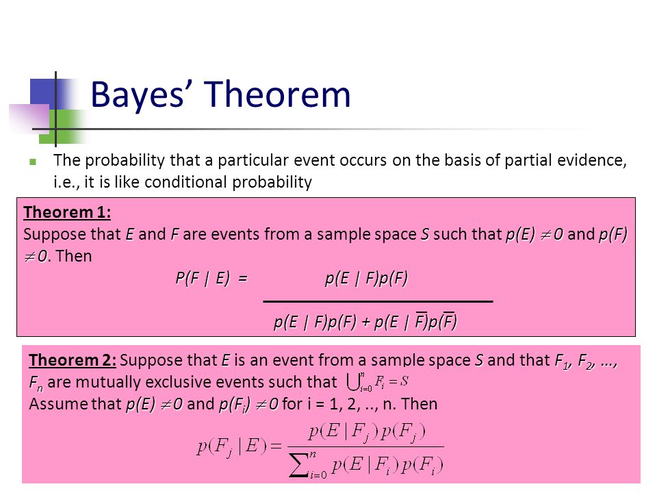 Bayes’ Theorem The probability that a particular event occurs on the basis of partial evidence, i.e., it is like conditional probability.