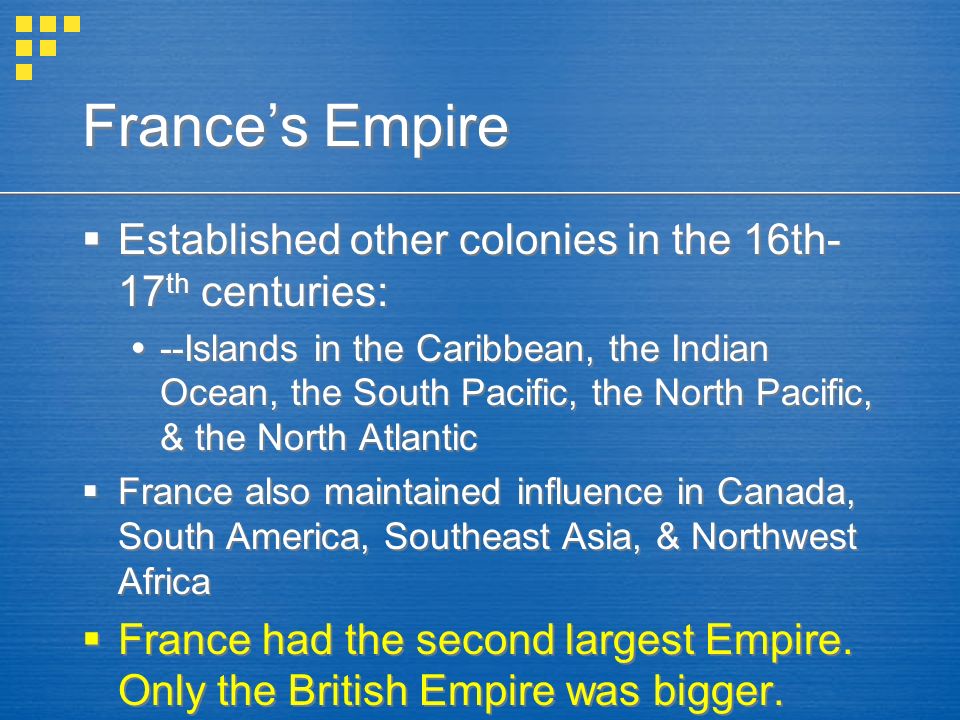 France’s Empire Established other colonies in the 16th-17th centuries: