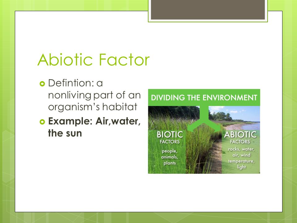 Abiotic Factor Defintion: a nonliving part of an organism’s habitat