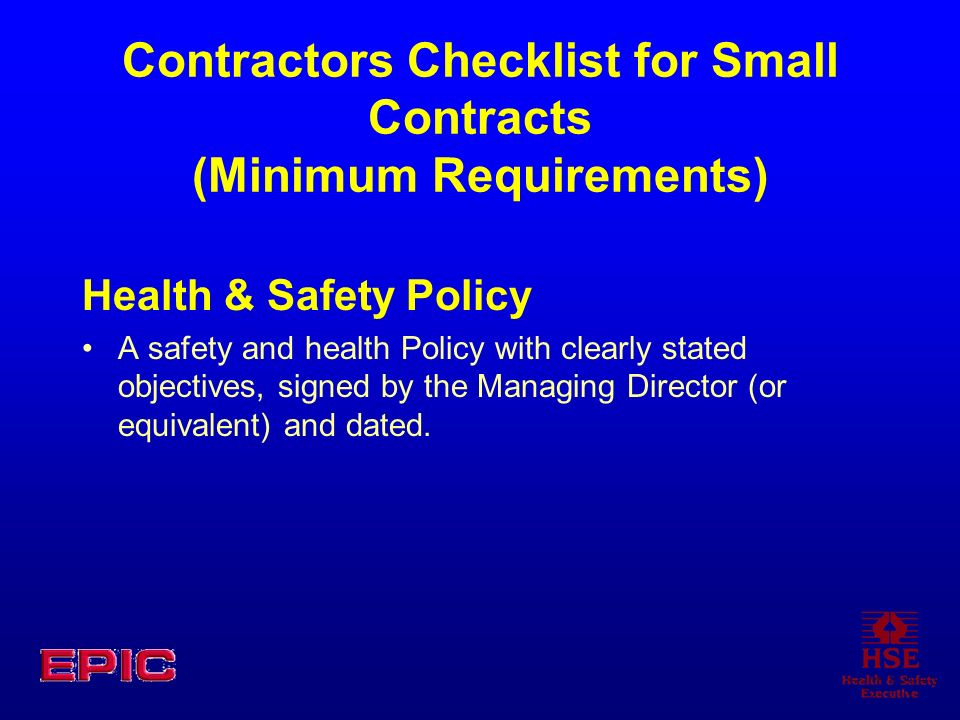 Contractors Checklist for Small Contracts (Minimum Requirements)