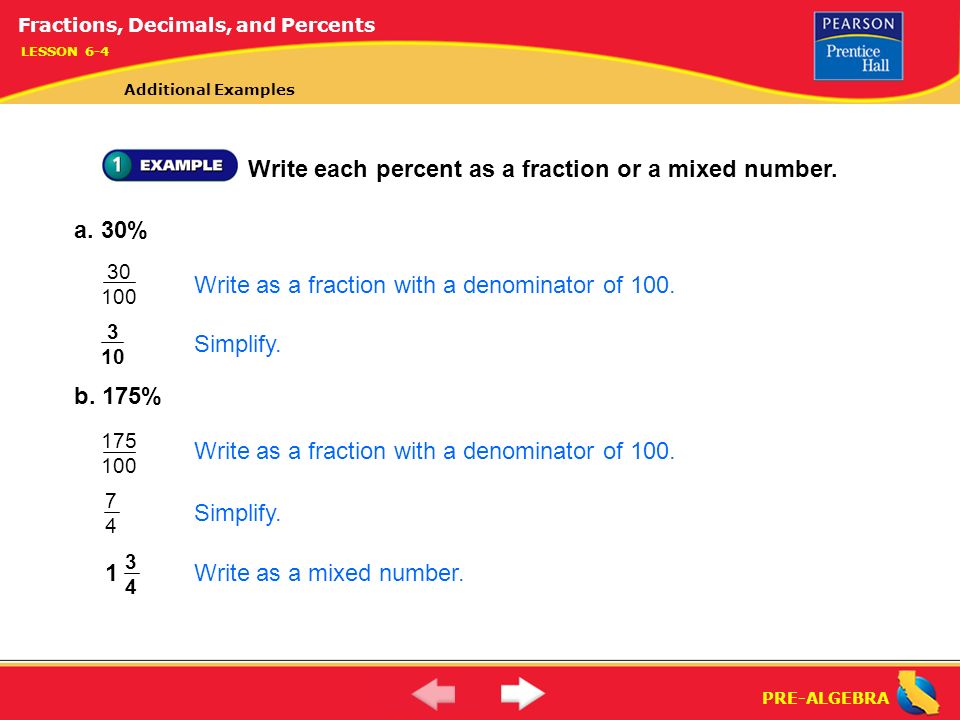 Write each percent as a fraction or a mixed number.