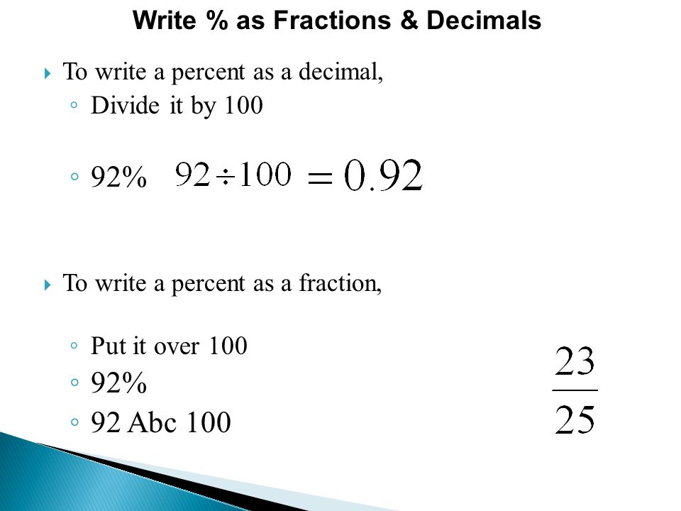 Write % as Fractions & Decimals