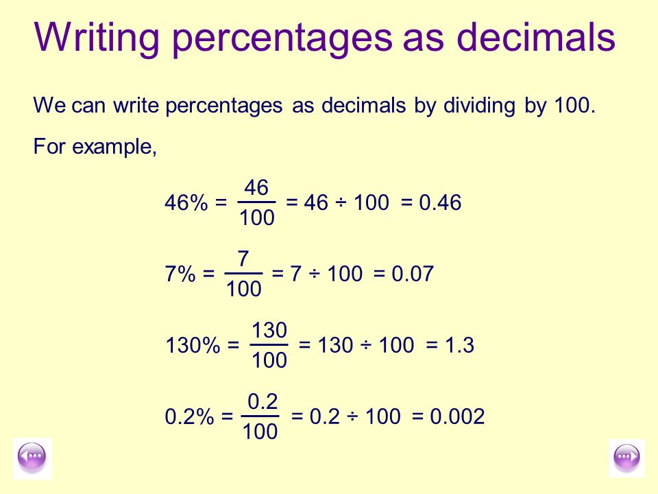 Writing percentages as decimals
