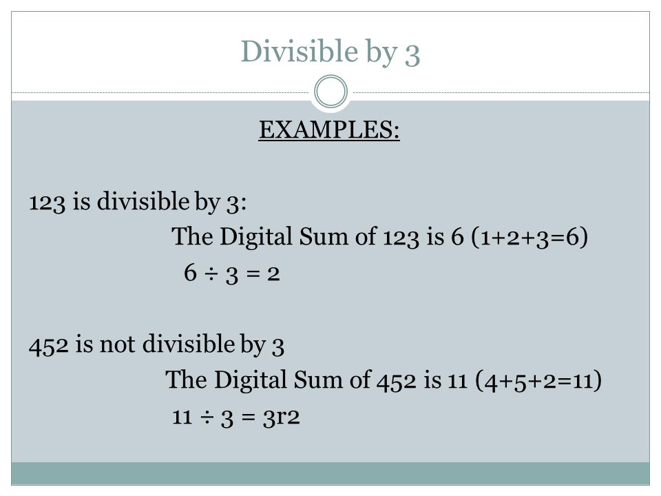 Divisible by 3 EXAMPLES: 123 is divisible by 3: