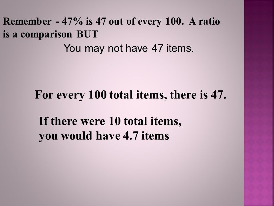 For every 100 total items, there is 47.