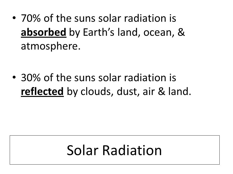 70% of the suns solar radiation is absorbed by Earth’s land, ocean, & atmosphere.